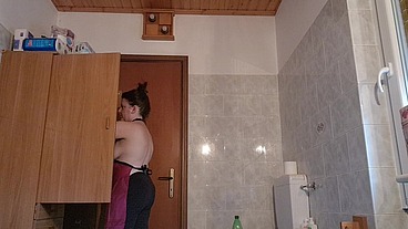 Hair dye apron with sexy latex gloves and hairy armpits