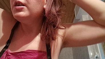 Hair dye apron with sexy latex gloves and hairy armpits