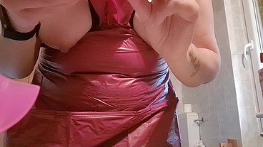 Hair dye apron with sexy latex gloves and hairy armpits