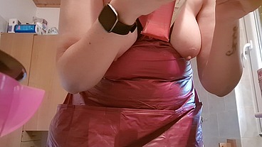 Hair dye apron with sexy latex gloves and hairy armpits