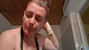 Hair dye apron with sexy latex gloves and hairy armpits