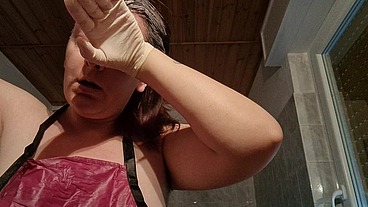 Hair dye apron with sexy latex gloves and hairy armpits