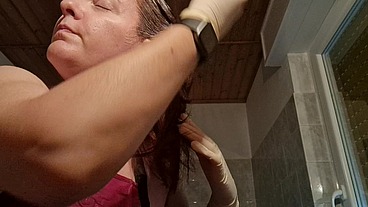 Hair dye apron with sexy latex gloves and hairy armpits