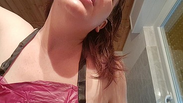 Hair dye apron with sexy latex gloves and hairy armpits
