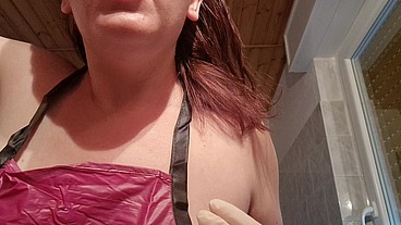 Hair dye apron with sexy latex gloves and hairy armpits