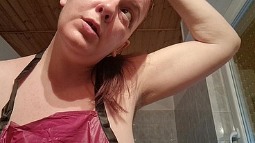 Hair dye apron with sexy latex gloves and hairy armpits