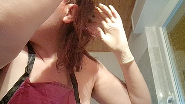 Hair dye apron with sexy latex gloves and hairy armpits