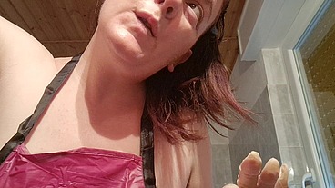 Hair dye apron with sexy latex gloves and hairy armpits