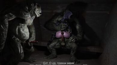 She was talking on the phone and suddenly two giant orc cocks burst into her ass and pussy