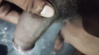 Indian bear strokes his big cock and swallows cum in bathroom solo