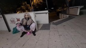 Caught riding thick dildo in public with ball gag and sheer top