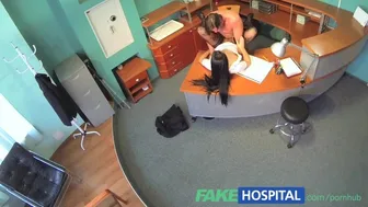 Businessman gets seduced by a sexy nurse in stockings at the clinic