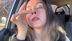 Charmy sitting in the car and tease you with her piggy nose