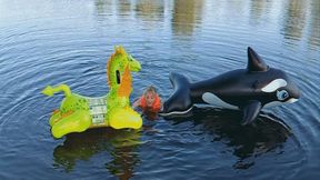 Alla swims on the lake with two rare inflatable toys and wears an inflatable vest!!!