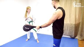 Teen karate student dominates her teacher with big feet