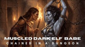 Fantasy Muscular Dark Elf Woman struggles as she is held captive in bondage chains in a bdsm dungeon