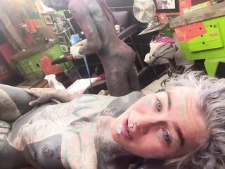 Cutie gets drilled from Tattoo Artist after the session in the Studio