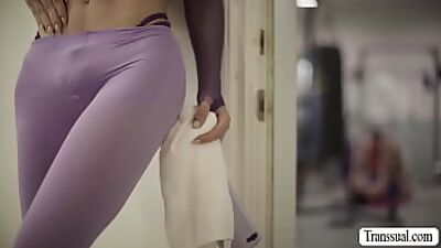 Horny Whitney caught by TS Jade Venus sucking Roman Todds big cock in the gym.Instead of getting mad,TS Jade ties up Whitneys hands and lets her watch them.Roman bareback fucks Jades tight wet ass so deep and hard.