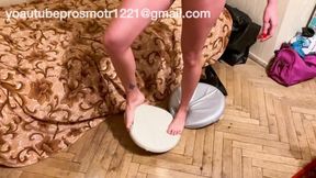 Nastya in heels, also barefoot, tramples and crushes pillows, steps on them, and mocks them. feet, foot fetish, crush fetish, trampling