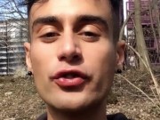 Chewing and swallowing own cum public