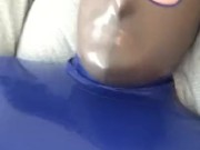 Jerking Off in Blue Neck Entry Catsuit