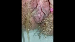 Detailed Close-up Footage Of A Hairy Pussy Girl Urinating From Her Pee Hole And Farting Loudly