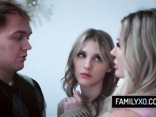 Busty blonde stepmother teaches her stepson and stepdaughter about sex