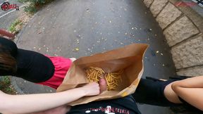 Public double handjob in the fries bag... I&#039;m jerking it!