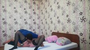 Intimate Moments: Young Brunette in Black Stockings Enjoys Passionate Time with Her Boyfriend