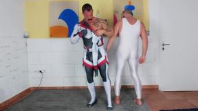 Muscle Daddy straps his bulging spandex suit tight for cosplay