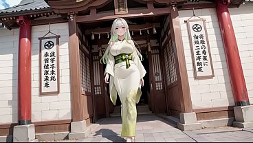 AI generated-Silver-Haired Shrine Maiden Secrets! Languidly reclining in a red corridor, her bare shoulders and lush thighs exposed. A teasing gaze that lingers just out of reach.