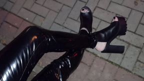 platform shoes and latex leggings - public crossdressing