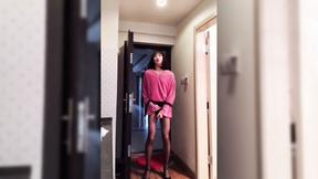 ”Asian Ladyboy masturbating her cock flashing it to a female, & cum”