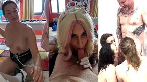 mya lorenn, irogenia, lyna jade, sally lys piss on 4 girls & crazy funny geek 2 guys on 4 girls orgy!