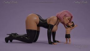 Pink-haired Latex Mistress Crawls Down for a Long Kiss with Her Tiny Man