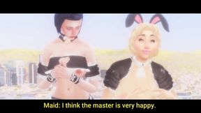 Sexy maid with big tits gives foot worship and lesbian action