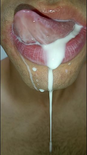 Cum in my mouth, play with your cum, and swallow it, six pack, close-up, gay naughty, tongue, sloopy