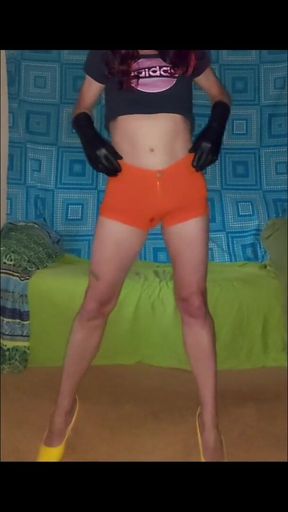 First half of tangerine shorts dancing