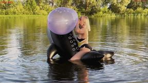 Alla rides a squeaky inflatable whale on the lake and makes a B2P purple balloon