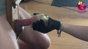 Close up - Femdom Edges Cock to Ruined Orgasm in a Glass