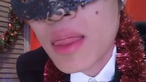 New Year French twink jerks off gags down his own cum in glass