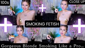 Gorgeous blonde smoking 100s like a pro- open mouth smoke and a smile that will make you fall in love