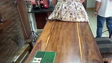 Perfect tits bar lady pussy eating fucked on the bar