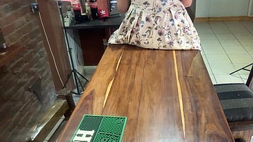 Perfect tits bar lady pussy eating fucked on the bar