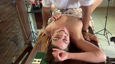 Perfect tits bar lady pussy eating fucked on the bar