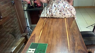 Perfect tits bar lady pussy eating fucked on the bar