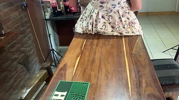 Perfect tits bar lady pussy eating fucked on the bar