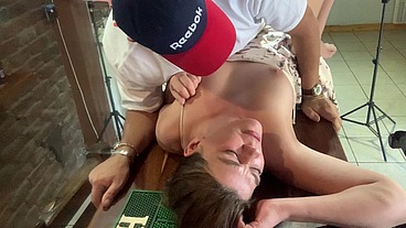 Perfect tits bar lady pussy eating fucked on the bar
