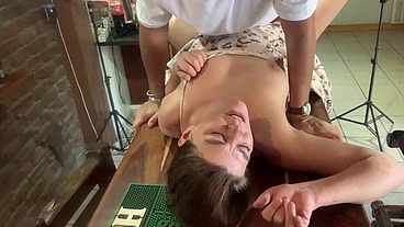 Perfect tits bar lady pussy eating fucked on the bar