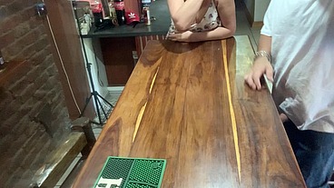 Perfect tits bar lady pussy eating fucked on the bar